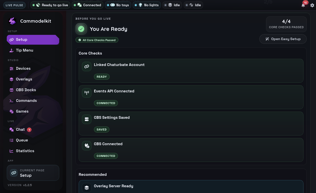 Cammodelkit desktop app showing live show controls
