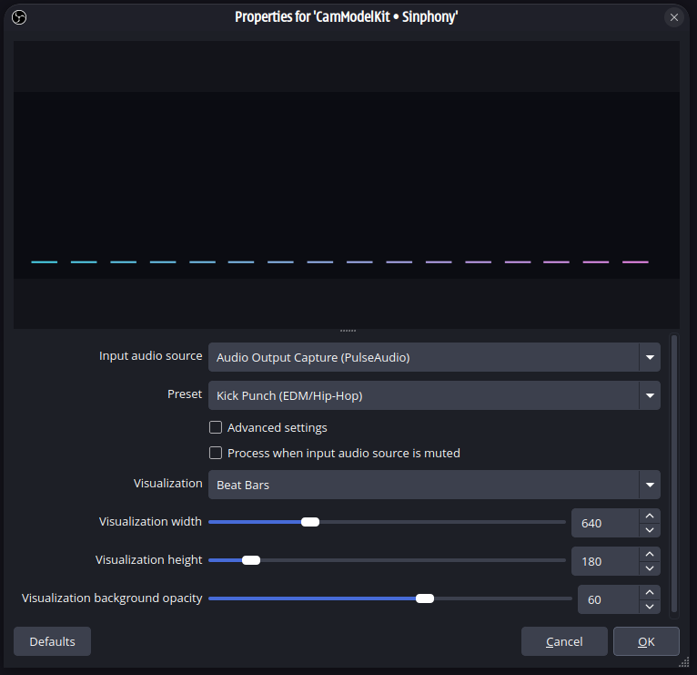 OBS properties for the CamModelKit Sinphony source